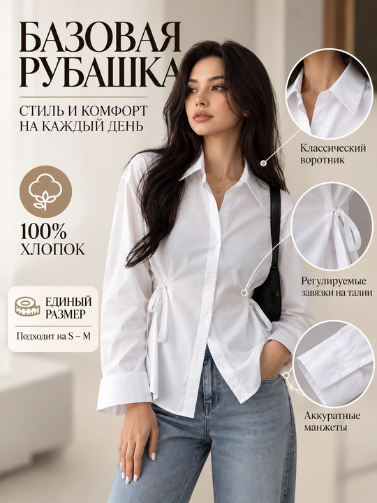 Рубашка женская хлопок школьная офисная приталенная, с завязками - 