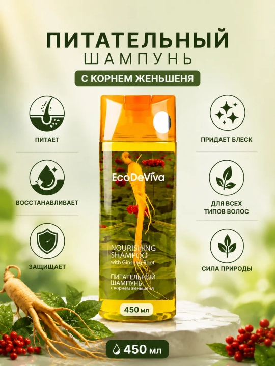 Шампунь питательный, против выпадения волос, с корнем женьшеня EcoDeViva, 450 мл - 
