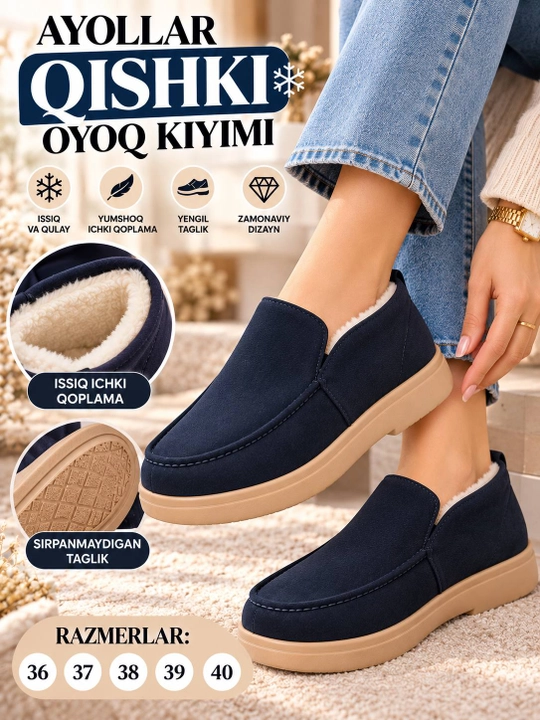 Ayollar qishki tuflisi, ichi mo‘ynali issiq slipon, qalin taglikli poyabzal 36–40 - 