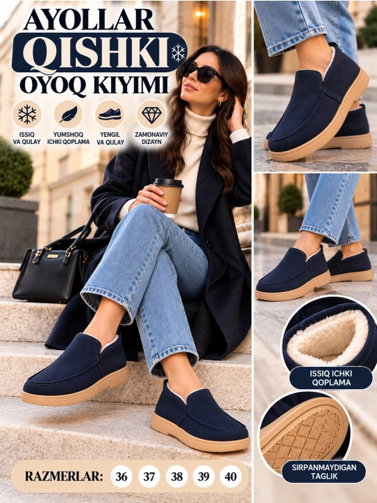 Ayollar qishki tuflisi, ichi mo‘ynali issiq slipon, qalin taglikli poyabzal 36–40