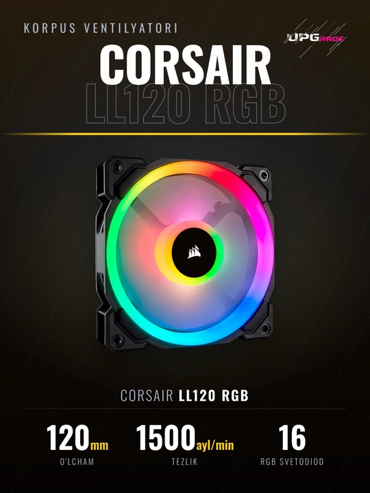 Korpus ventilyatori Corsair LL120 RGB, 120 mm, 600–1500 ayl/min, PWM, 2 ta rang