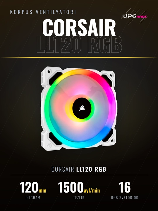 Korpus ventilyatori Corsair LL120 RGB, 120 mm, 600–1500 ayl/min, PWM, 2 ta rang