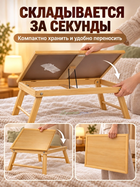 Столик-поднос для завтрака и ноутбука, из бамбука, складной, с регулировкой высоты