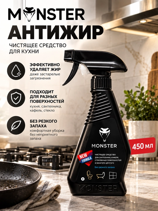 MONSTER Antiyog‘, oshxona va yog‘li yuzalar uchun tozalash vositasi, 450 ml - 