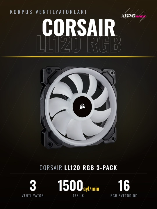 Corsair LL120 RGB ventilyatorlar to'plami, 3 x 120 mm, Lighting Node PRO kontrolleri bilan