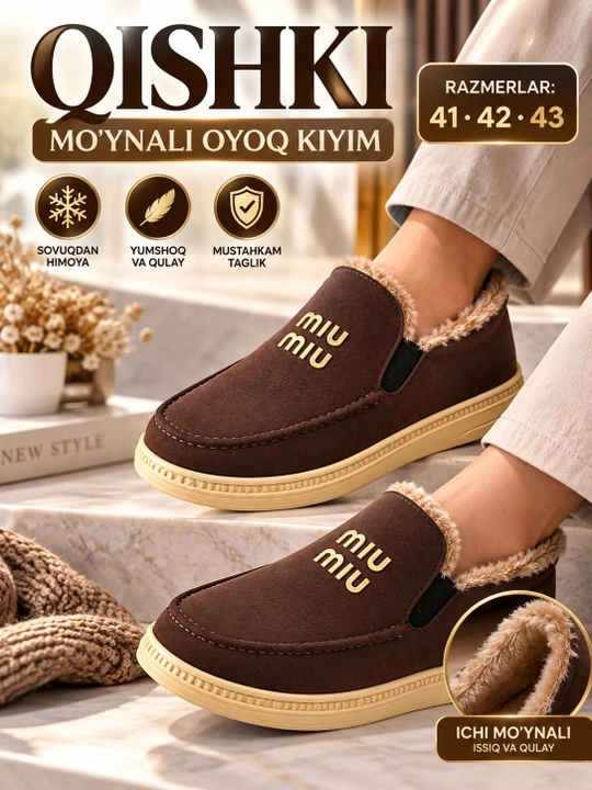 Ayollar uchun qishki mo‘ynali mokasinlar, issiq astarli, qalin taglikli kundalik