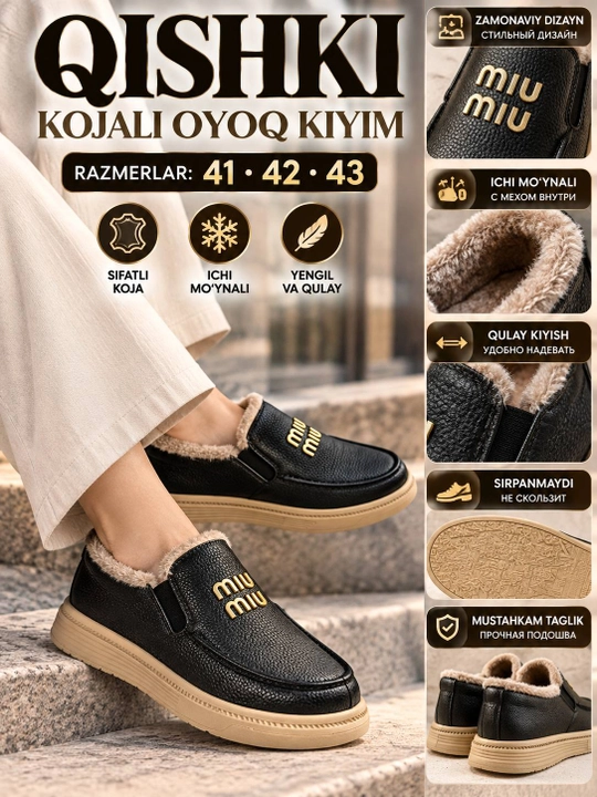 Ayollar uchun qishki mo‘ynali mokasinlar, issiq astarli, qalin taglikli kundalik