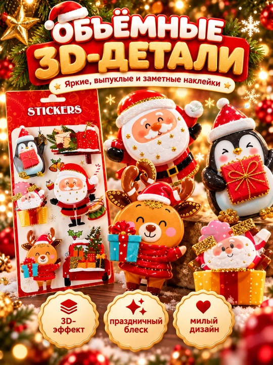 Новогодние объёмные наклейки для детей, с 3D эффектом