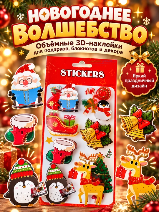 Новогодние объёмные наклейки для детей, с 3D эффектом
