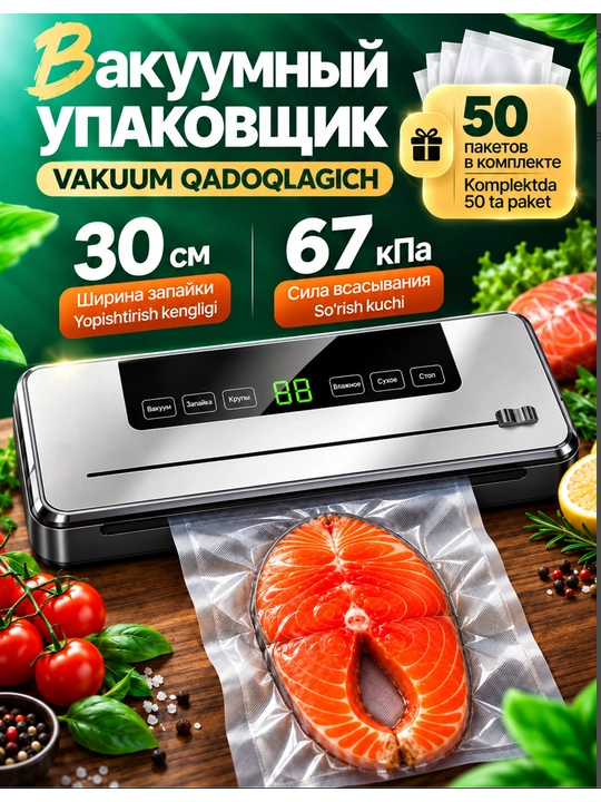 Вакуумный упаковщик для продуктов заморозки с пакетами 50 шт с запайкой и резаком мощный - 