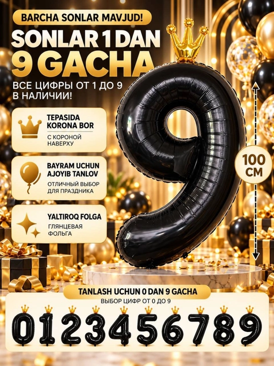 Katta raqam shar, toj bilan, 0,1,2,3,4,5,6,7,8,9, raqamli sharlar, tug`ilgan kunga sharlar