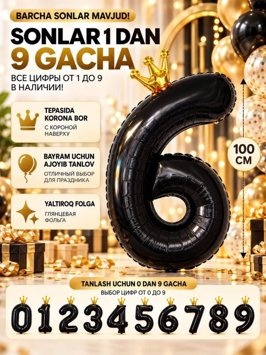 Katta raqam shar, toj bilan, 0,1,2,3,4,5,6,7,8,9, raqamli sharlar, tug`ilgan kunga sharlar