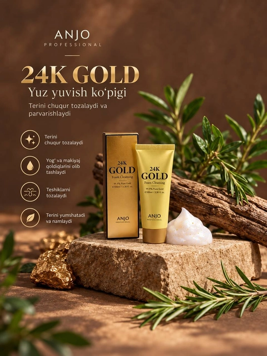 ANJO Professional 24K Gold yuz yuvish ko‘pigi, yuzni tozalash uchun, 100 ml - 