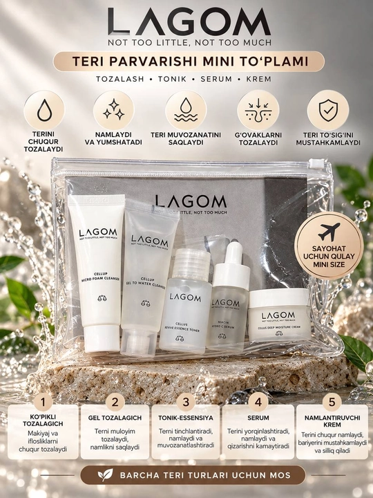 Lagom Travel Kit — это компактный набор средств по уходу за кожей «5 в 1» - 