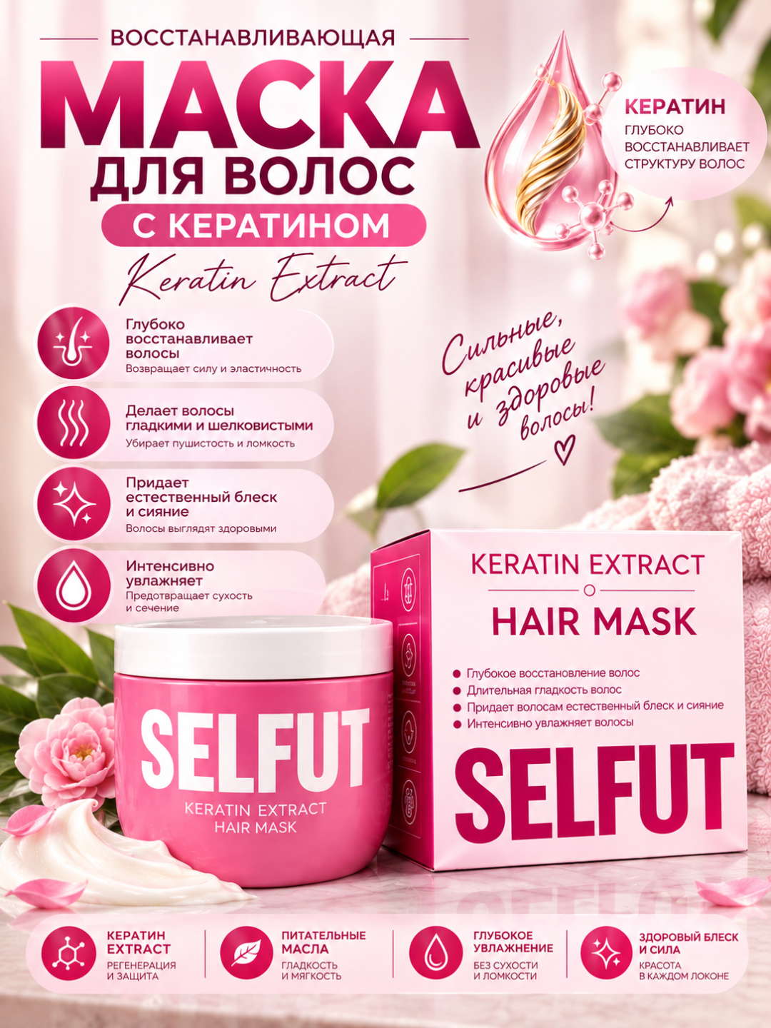SELFUT Keratin Extract маска для волос, восстанавливающая и увлажняющая маска с кератином
