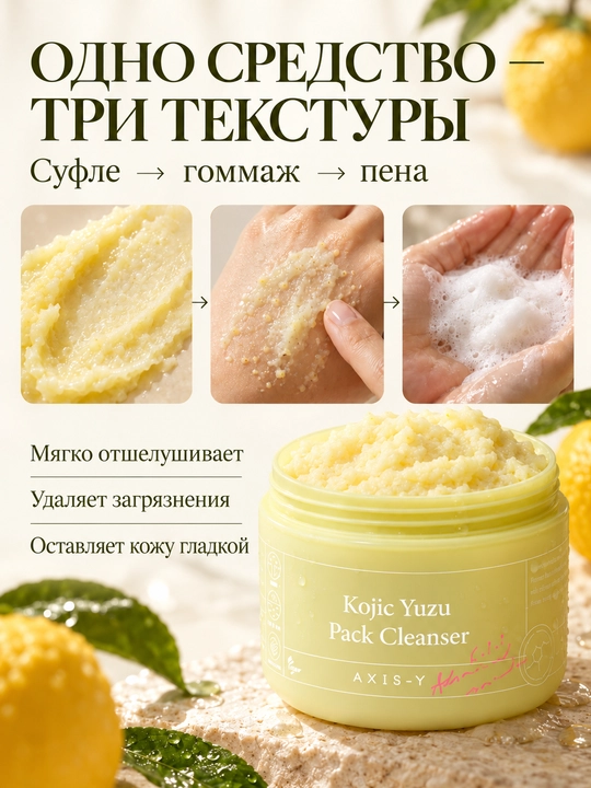 AXIS-Y Kojic Yuzu Pack Cleanser 3 ta 1 da tozalovchi ko‘pikli niqob, 60 g