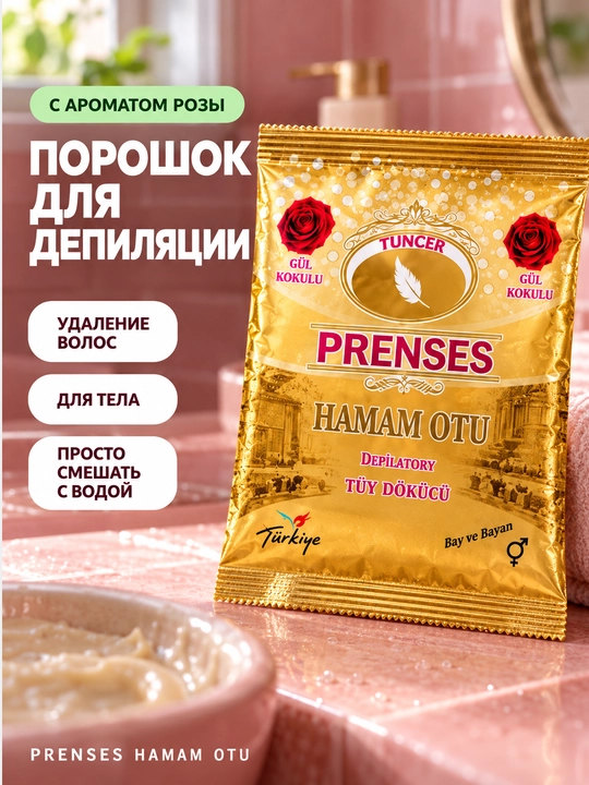 TUNCER PRENSES tana epilyatsiyasi uchun kukun, atirgul ifori bilan sochlarni olib tashlash - 
