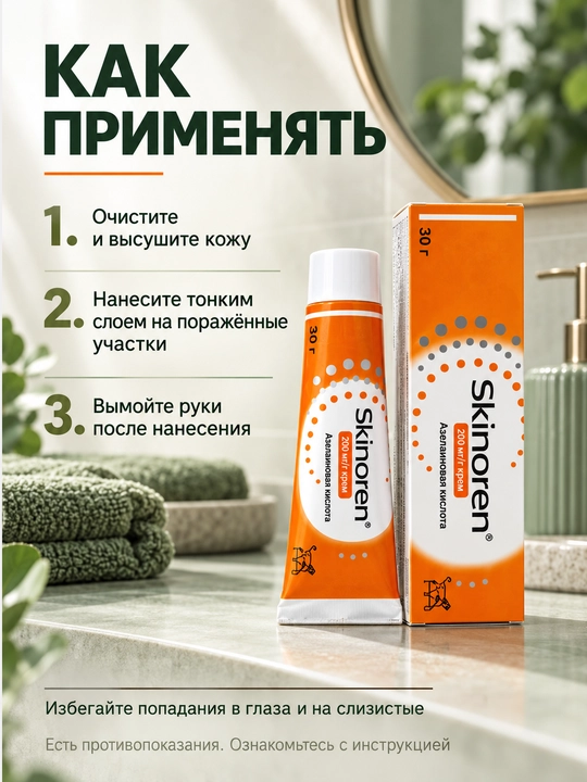 Skinoren 20% yuz kremi, akne, husnbuzar va toshmalarga qarshi, azelain kislotasi, 30 g