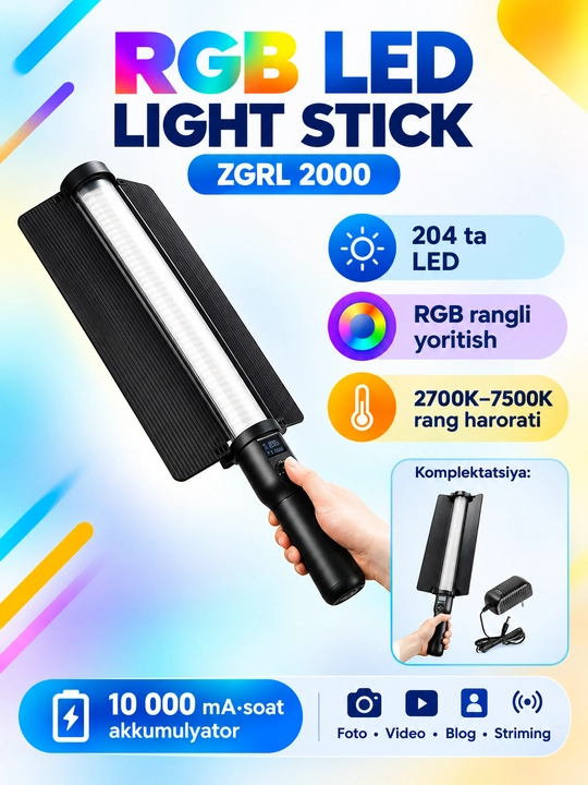 RGB LED ZGRL 2000 — 204 LED, 10000 mA·soat akkumulyatorli foto-video chiroq - 