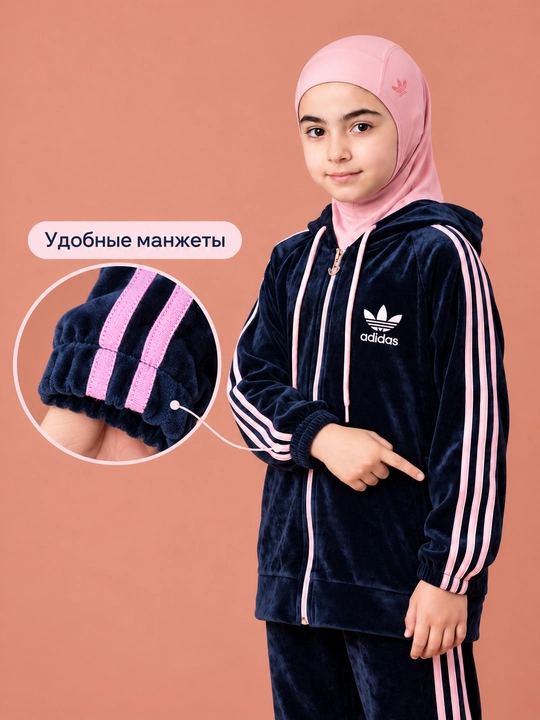 Qizlar uchun velur sport kostyumi, zamokli kapyushonli to‘plam, 7-12 yosh
