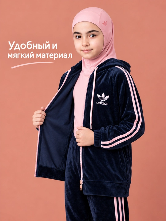 Qizlar uchun velur sport kostyumi, zamokli kapyushonli to‘plam, 7-12 yosh