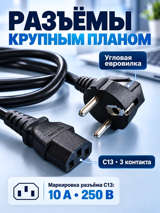 Сетевой кабель питания для компьютера, монитора и ТВ, C13 1,3 м / C7 «восьмёрка» 1,4 м
