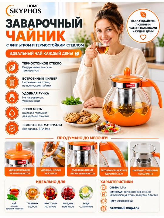 Filtrli va xavfsiz dastakli damlash choynagi 1,8 va 1,5 litr - 