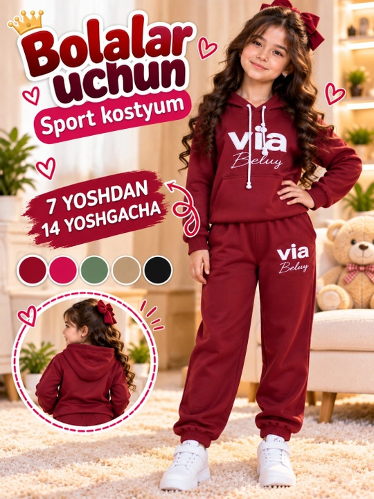 O‘g‘il va qiz bolalar uchun kapyushonli sport kostyumi, kuzgi-qishki kiyim, 7-14 yosh