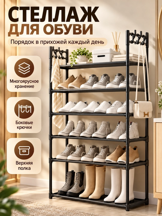 Полка для обуви, 5-ярусный органайзер для обуви, крючковая полка, 152 см - 
