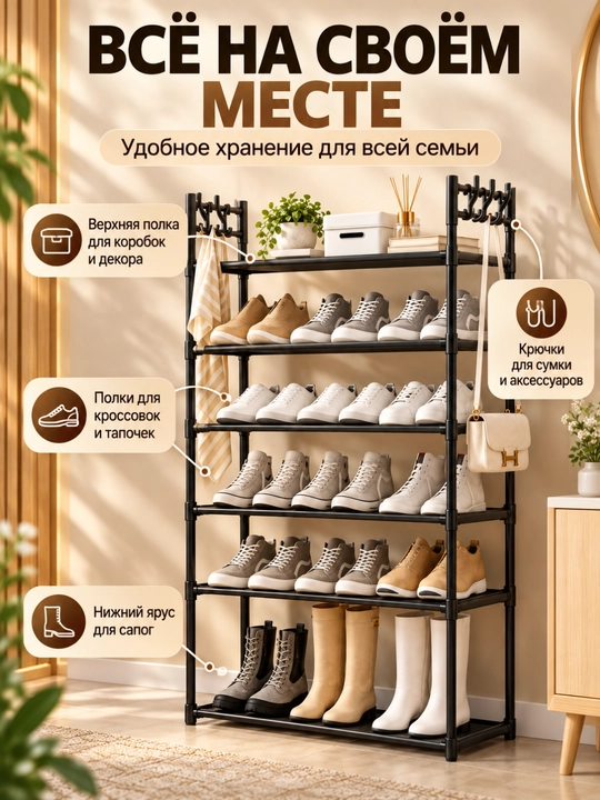 Полка для обуви, 5-ярусный органайзер для обуви, крючковая полка, 152 см