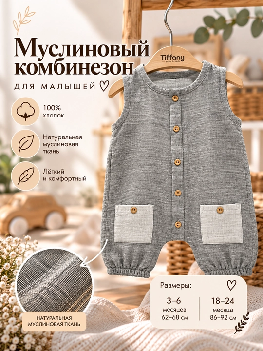 Tiffany Baby bolalar uchun kulrang yengsiz cho‘ntakli va yog‘och tugmali muslin kombinezon - 