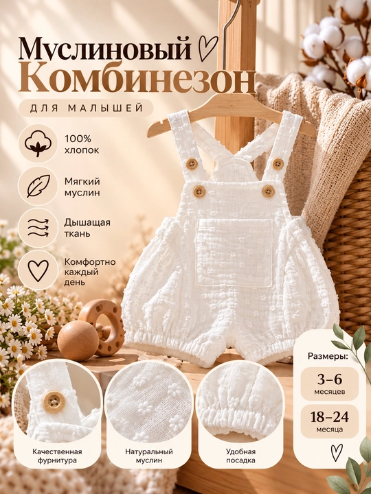Tiffany Baby bolalar uchun oq rangli, ko‘krak qismida cho‘ntakli muslin kombinezon - 