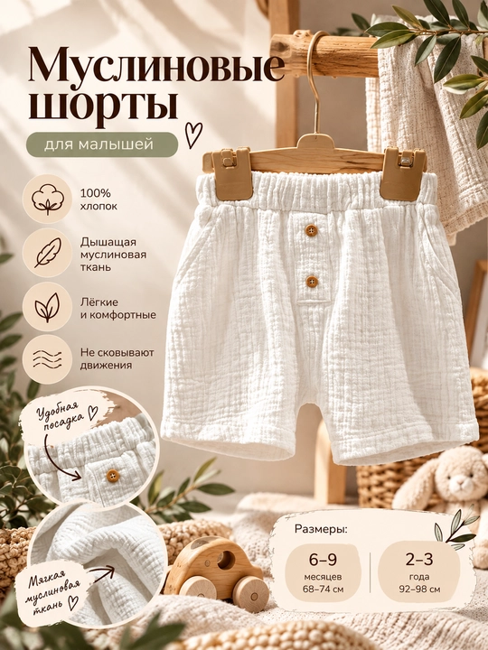 Tiffany Baby bolalar uchun oq rangli, rezinkali bel va bezak tugmali muslin shortilar - 