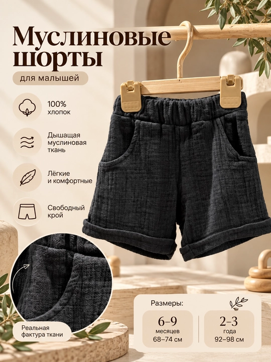 Tiffany Baby bolalar uchun cho‘ntakli  qaytarma etakli muslin shortilar qora va oq rangda - 