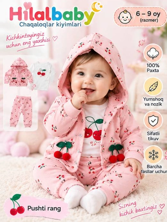 3 oydan 9 oygacha bo'lgan qizaloqlar uchun, 3 talik kiyim to'plam, olcha - 