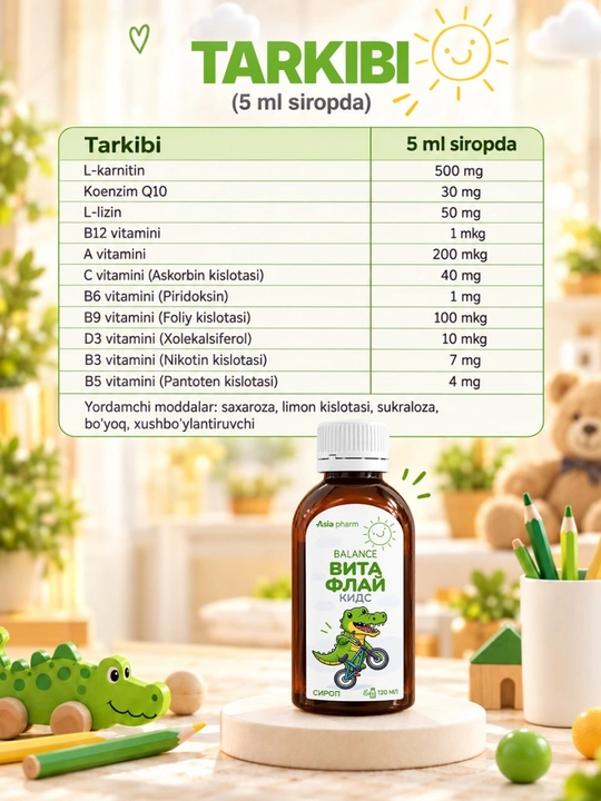 Vitafly Kids – L-karnitin, Q10 va vitaminlar energiya va o‘sish uchun, sirop, 120 ml
