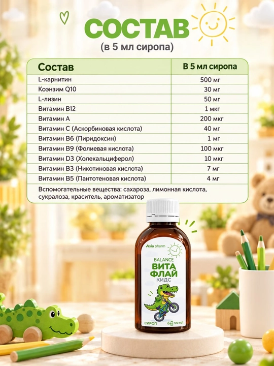 Vitafly Kids – L-karnitin, Q10 va vitaminlar energiya va o‘sish uchun, sirop, 120 ml