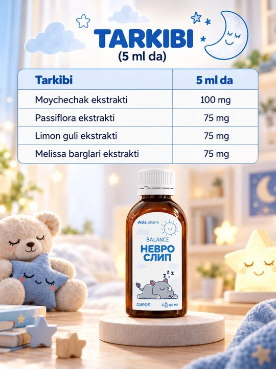 Nevroslip, melissa, passiflora, moychechak va asal bilan uyqu uchun, sirop 150 ml