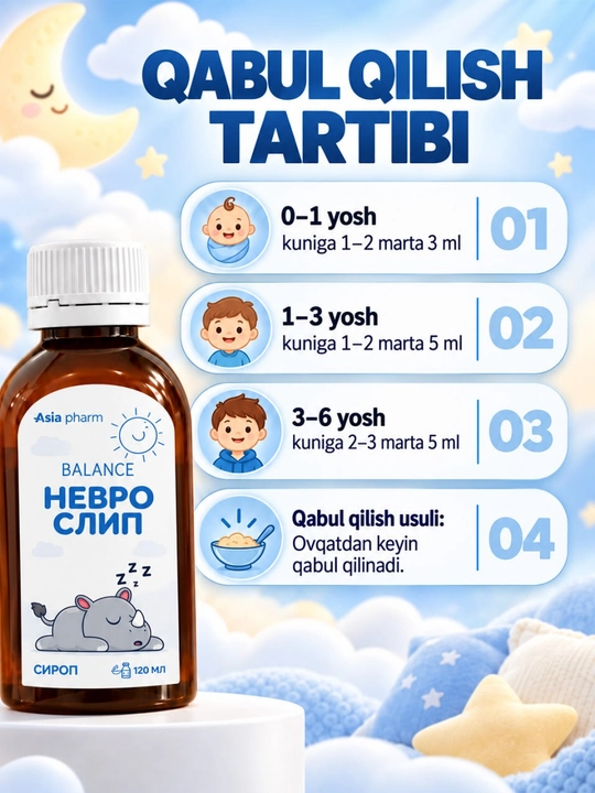 Nevroslip, melissa, passiflora, moychechak va asal bilan uyqu uchun, sirop 150 ml