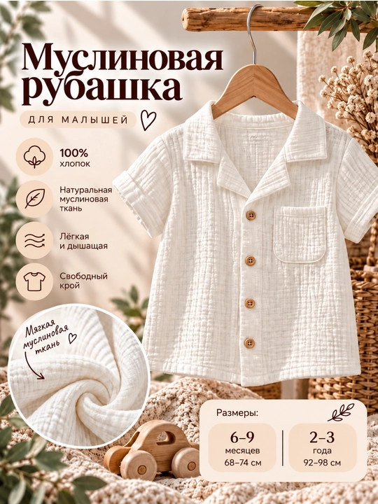 Детская муслиновая рубашка Tiffany Baby с рукавом и нагрудным карманом чёрная и белая - 