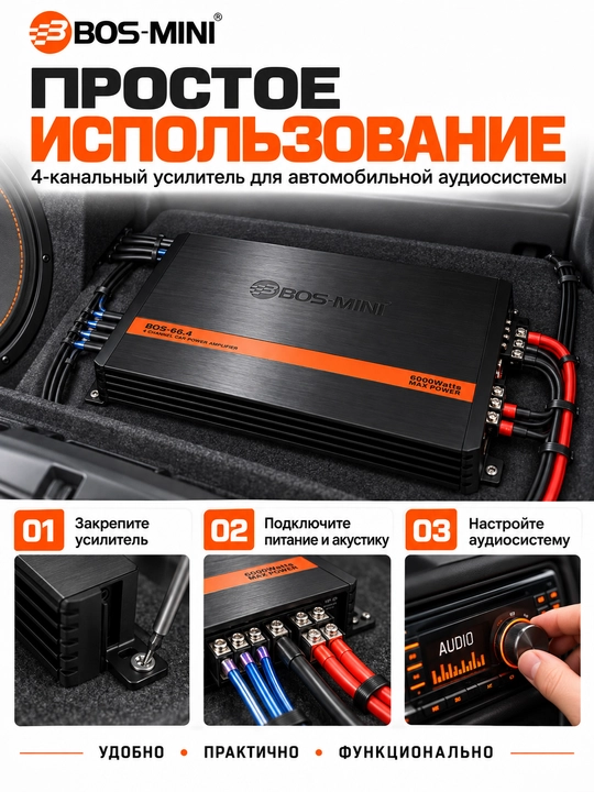 BOS-MINI BOS-66.4 автомобильный усилитель 4-канальный, 6000W Max, MOSFET