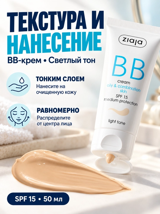Крем BB Ziaja для жирной и смешанной кожи, светлый оттенок, матирующий, SPF 15, 50 мл