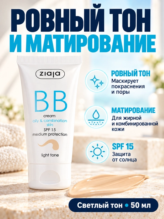 Крем BB Ziaja для жирной и смешанной кожи, светлый оттенок, матирующий, SPF 15, 50 мл