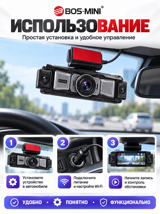 BOS-MINI K38L видеорегистратор 4 камеры, 4K AHD, Wi-Fi, BSD/ADAS, Night Vision