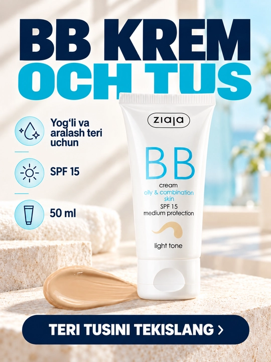 BB krem Ziaja yog‘li va aralash teri uchun, och tus, matlashtiruvchi, SPF 15, 50 ml - 