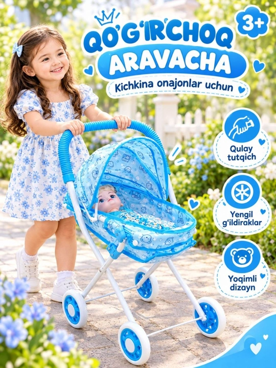Qizlar uchun aravacha, o‘yinchoq, qo'g'irchog'i bilan, aravacha metall karkasli - 