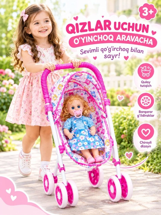 Qizlar uchun aravacha, o‘yinchoq, qo'g'irchog'i bilan, aravacha metall karkasli - 