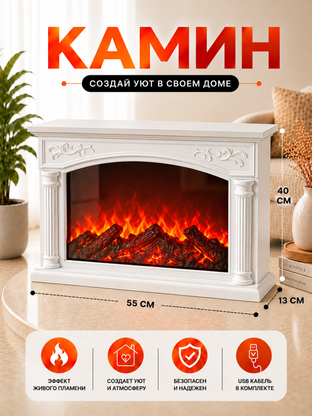 Dekorativ kamin qulay muhit yaratadi, real olov effektiga ega, USB orqali quvvatlanadi - 
