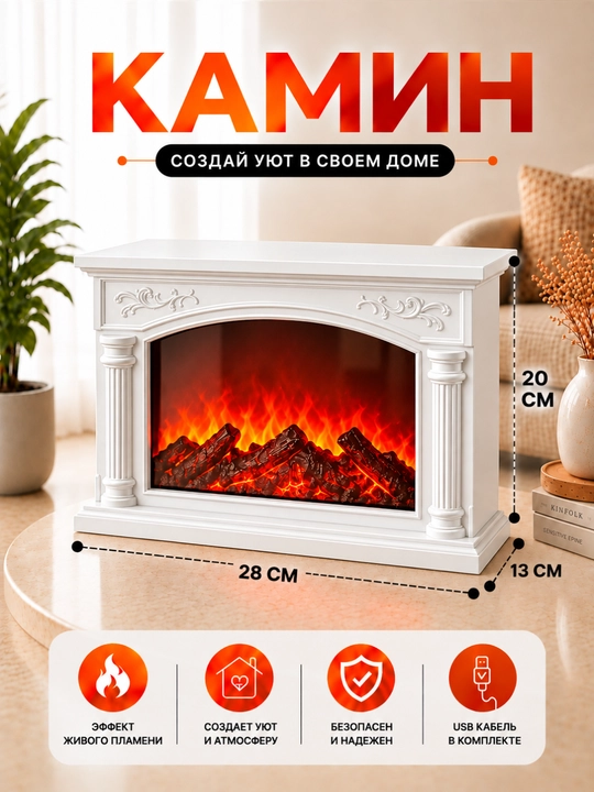 Dekorativ kamin qulay muhit yaratadi, real olov effektiga ega, USB orqali quvvatlanadi - 
