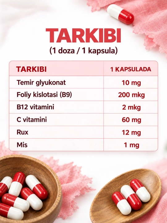 Vitaferras – temir, foliy kislotasi, B12 va sink bilan kompleks, 30 kapsulalar